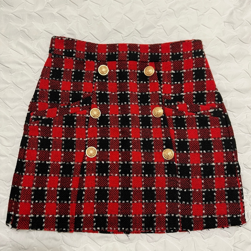 Red & Black Plaid Mini Skirt with Gold Accents